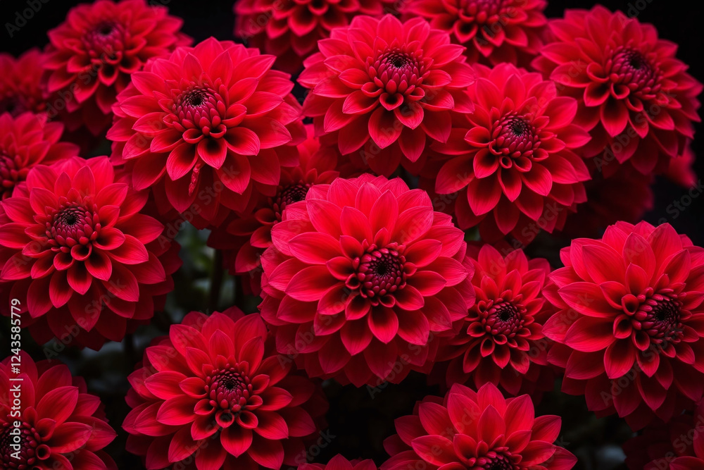 Dense cluster of red dahlias with layered petals and dark background Dense cluster of red dahlias with layered petals and dark background