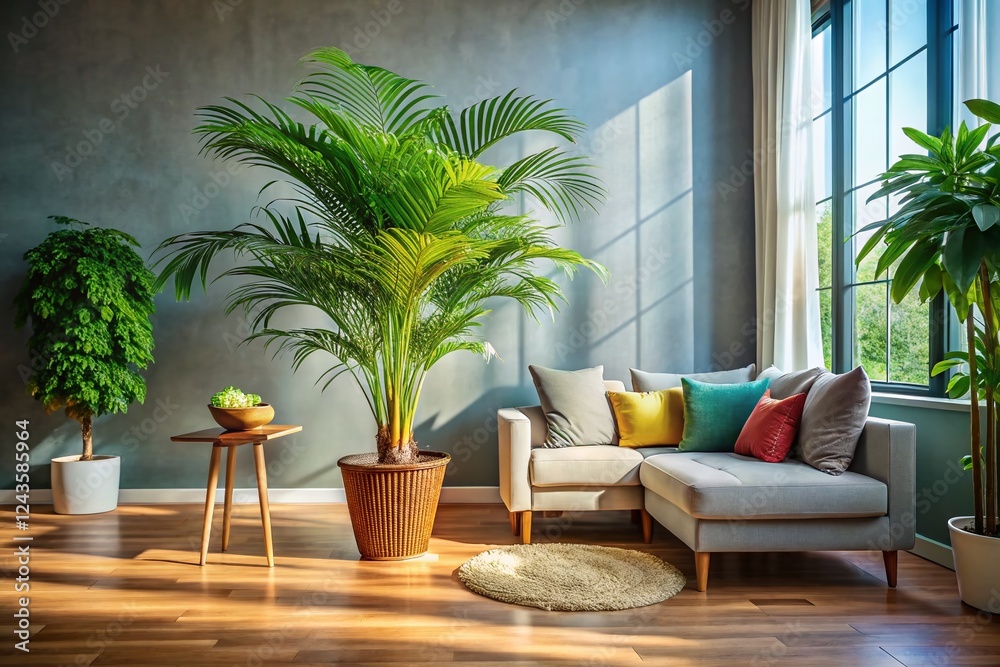 Fototapeta premium Palm Tree Interior Design: Tropical Living Room Decor Inspiration