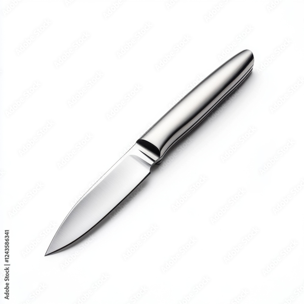 Sleek Stainless Steel Kitchen Knife with Polished Handle and Sharp Blade on White Background Sleek Stainless Steel Kitchen Knife with Polished Handle and Sharp Blade on White Background