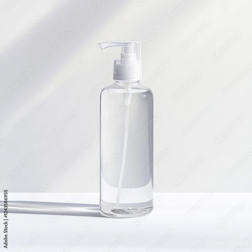 Bottle of hand sanitizer placed on a clean surface with soft shadows in a well-lit environment, promoting hygiene practices Bottle of hand sanitizer placed on a clean surface with soft shadows in a well-lit environment, promoting hygiene practices