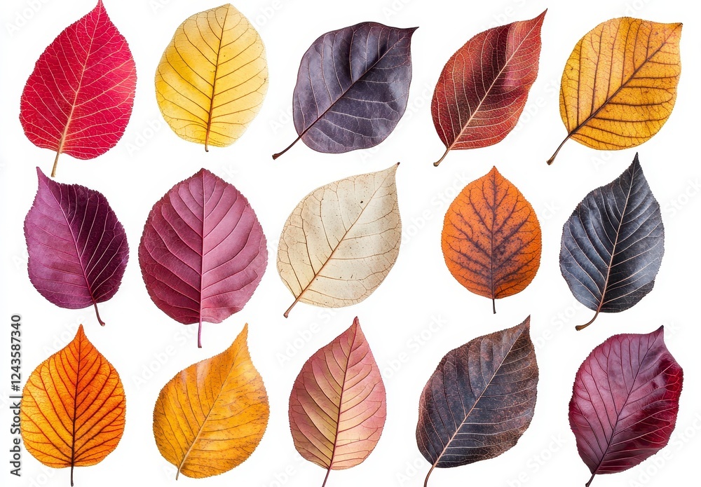 Collection of autumn leaves in various colors and patterns isolated on white background. Rich reds, yellows, and purples Collection of autumn leaves in various colors and patterns isolated on white background. Rich reds, yellows, and purples