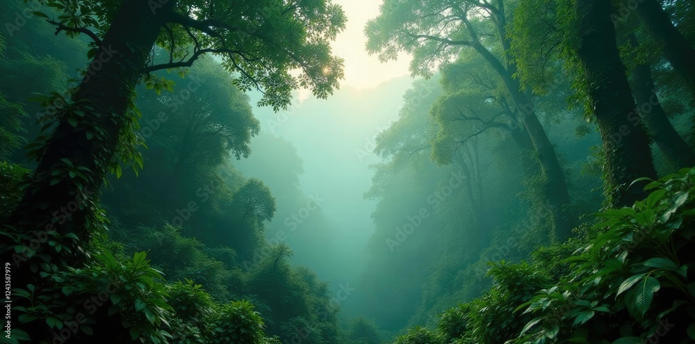 Obraz premium Rainforest canopy veiled in early morning fog, tropical, trees, jungle