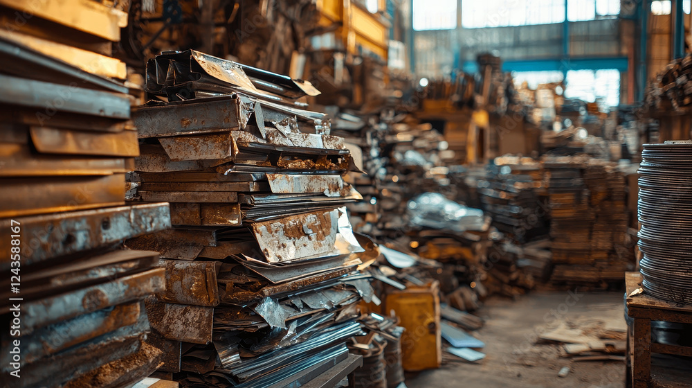 Stacks of metal materials in warehouse for reuse projects Stacks of metal materials in warehouse for reuse projects