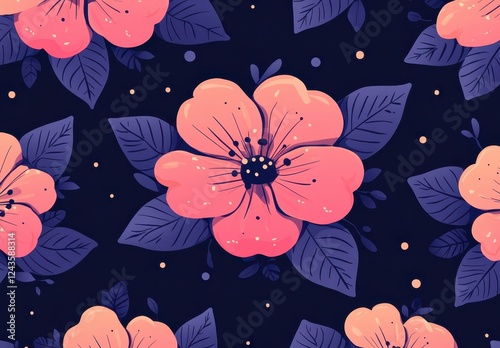 Seamless pattern featuring coral pink flowers and dark purple leaves on a navy blue background with gold speckles. Perfect for fabric, wallpaper, or
