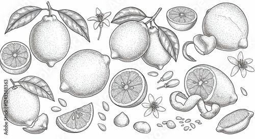 Hand-Drawn Lemon Illustrations – Vintage Botanical Sketch of Citrus Fruits and Leaves