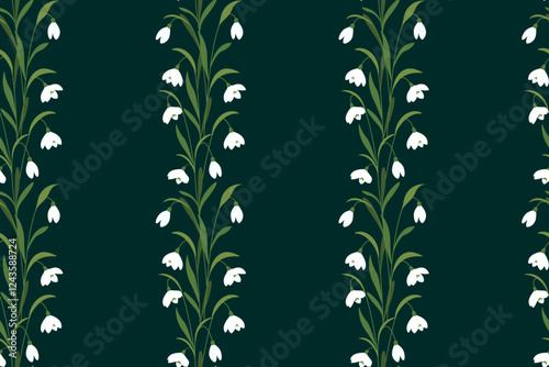 Spring floral snowdrops seamless pattern. Early spring flowers. Meadow background. Vector illustration