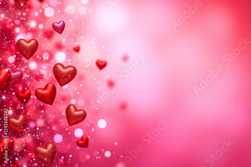 dense sparkling array of red pink hearts and glitter on pink bg