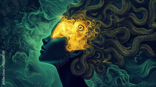 Portrait of a serene woman with glowing hair surrounded by swirling colors in a mystical atmosphere