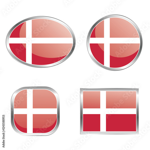 Four variations of the Danish flag in different shapes and styles.