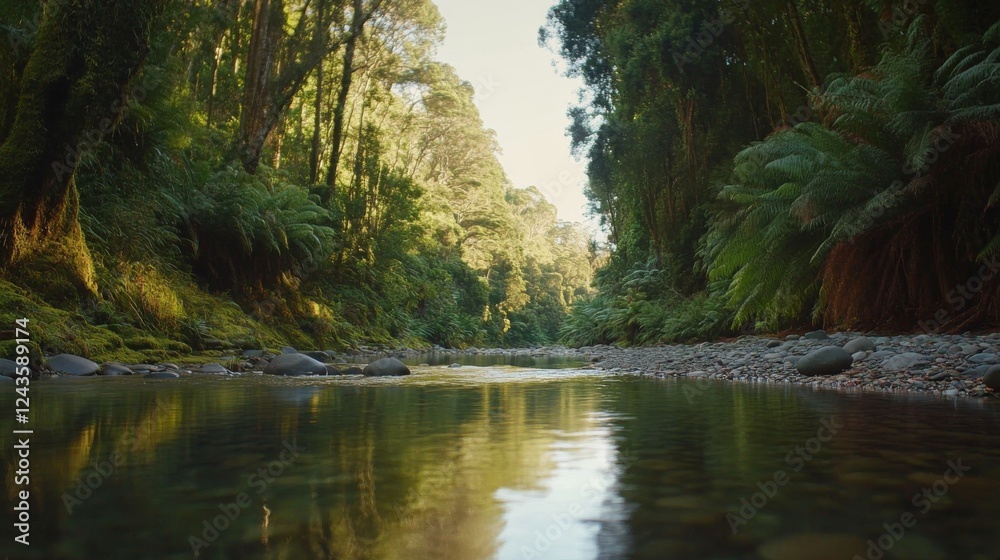 Obraz premium A serene stream flows gently through a lush park, with vibrant green moss on rocks and tall trees mirrored in the clear water, creating a peaceful atmosphere