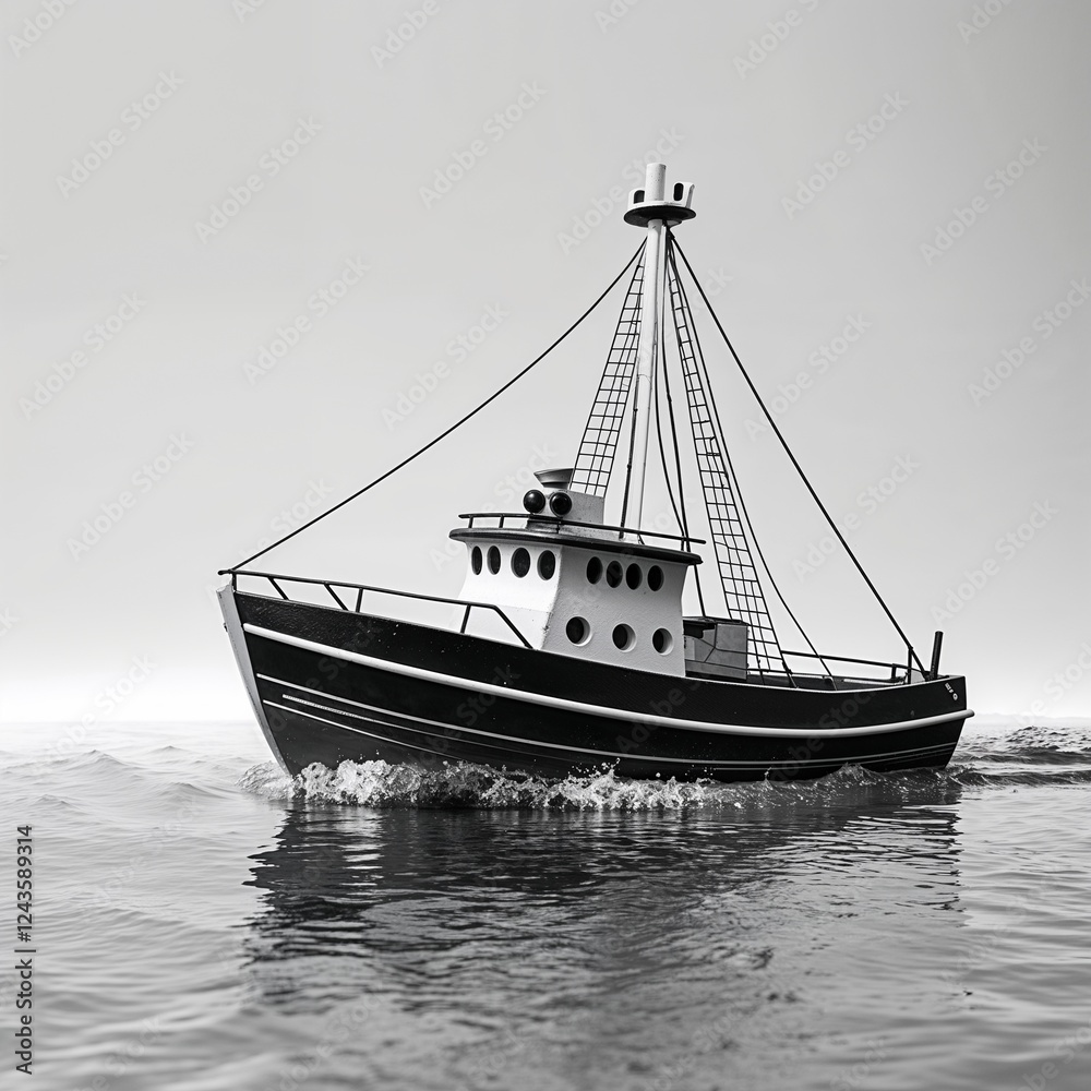 Naklejka premium A toy boat black and white on plain white background
