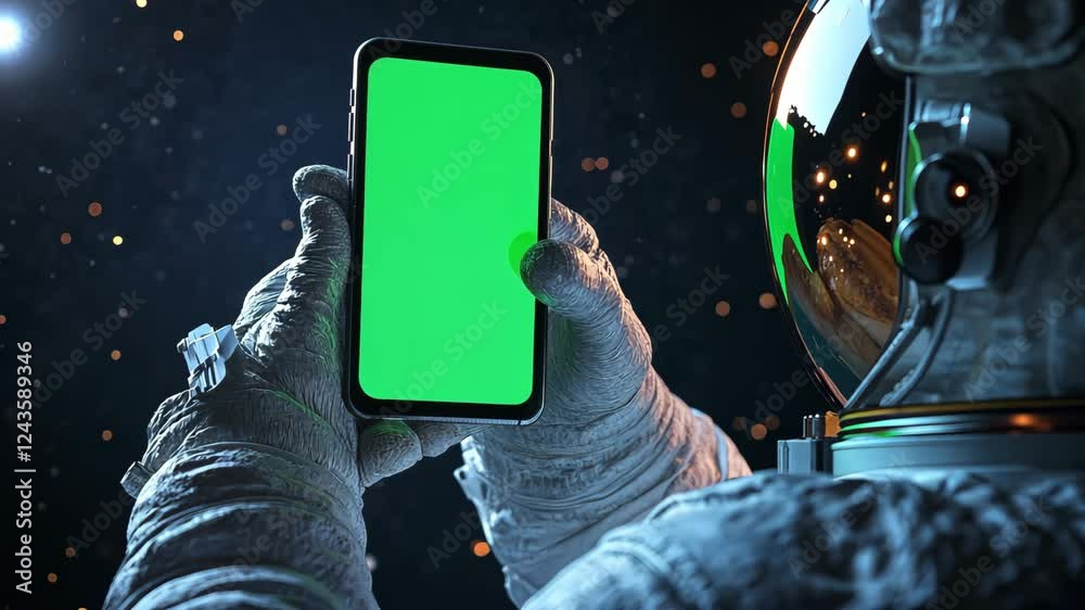 In outer space, an astronaut in a full spacesuit holds a phone with a green screen, symbolizing the future and technological progress.