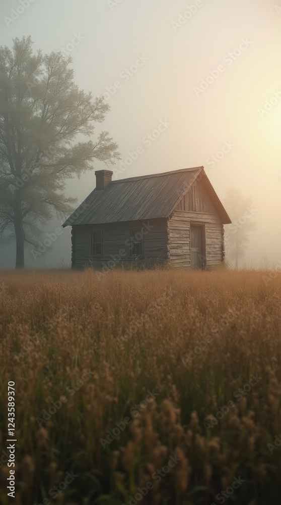Old Abandoned Cabin in a Foggy Meadow Surrounded by Tall Grasses and Softly Lit by Diffused Light – Phone Wallpaper HD Old Abandoned Cabin in a Foggy Meadow Surrounded by Tall Grasses and Softly Lit by Diffused Light – Phone Wallpaper HD