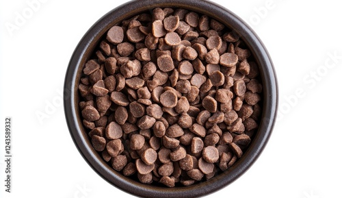 Dark brown chocolate chips in a small dark brown bowl, viewed from directly above against a white background
