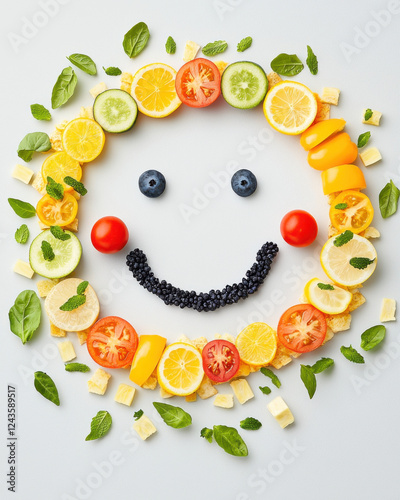 Fresh fruits and vegetables arranged in cheerful smiley face design