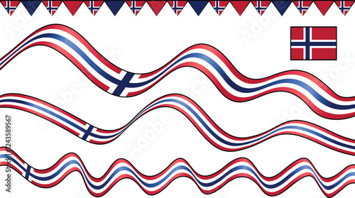 A decorative arrangement featuring the Norwegian flag and wavy designs in red, white, and blue.