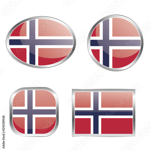 Four variations of the Norwegian flag in different shapes and styles.
