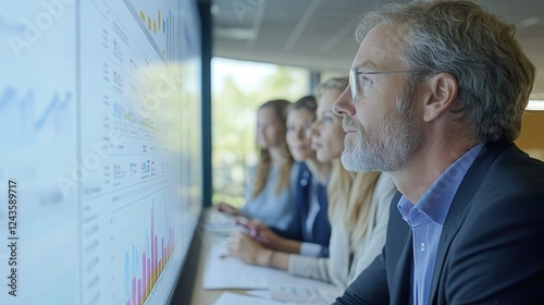 Man in a suit and glasses analyzing information on a whiteboard during a business meeting or presentation
