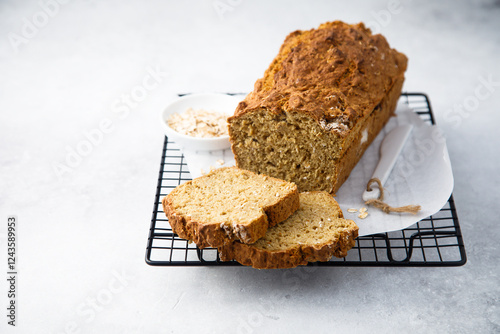 Homemade oatmeal loaf cake with honey photo