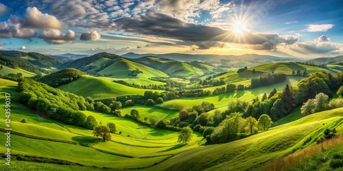 Panoramic View Lush Green Valley Rolling Hills Bright Sunlight Stunning Nature Scenery