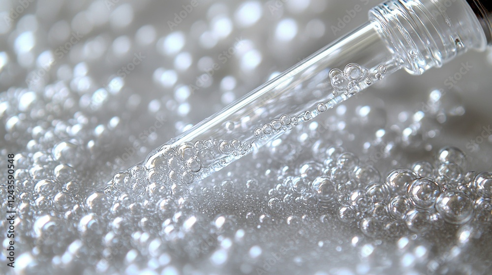 A close-up image of a pipette dispensing face serum or essential oil, with small oxygen bubbles rising in the liquid, on a smooth grey background, emphasizing luxury skincare products. A close-up image of a pipette dispensing face serum or essential oil, with small oxygen bubbles rising in the liquid, on a smooth grey background, emphasizing luxury skincare products.