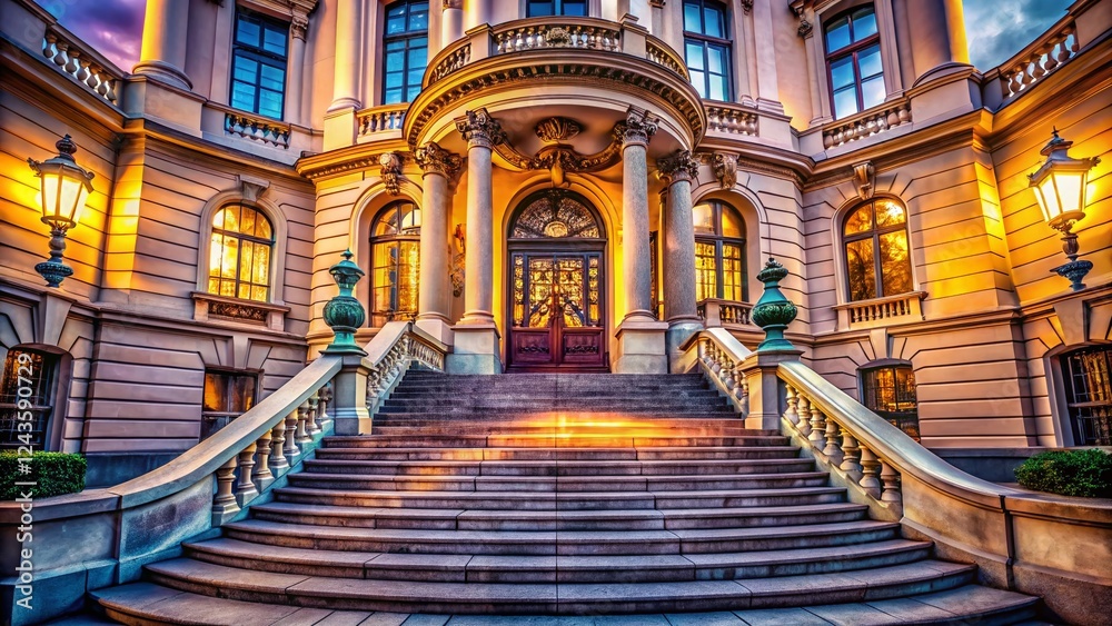 Fototapeta premium Panoramic View of Building Entrance with Grand Staircase