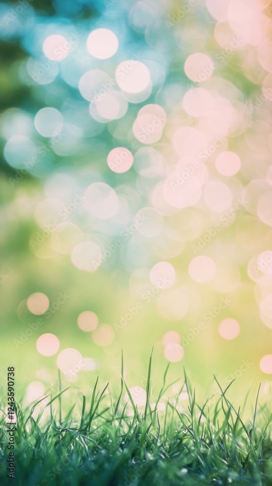 Obraz premium Peaceful green field with bokeh effect showcasing vibrant natural colors and tranquility in warm sunlight