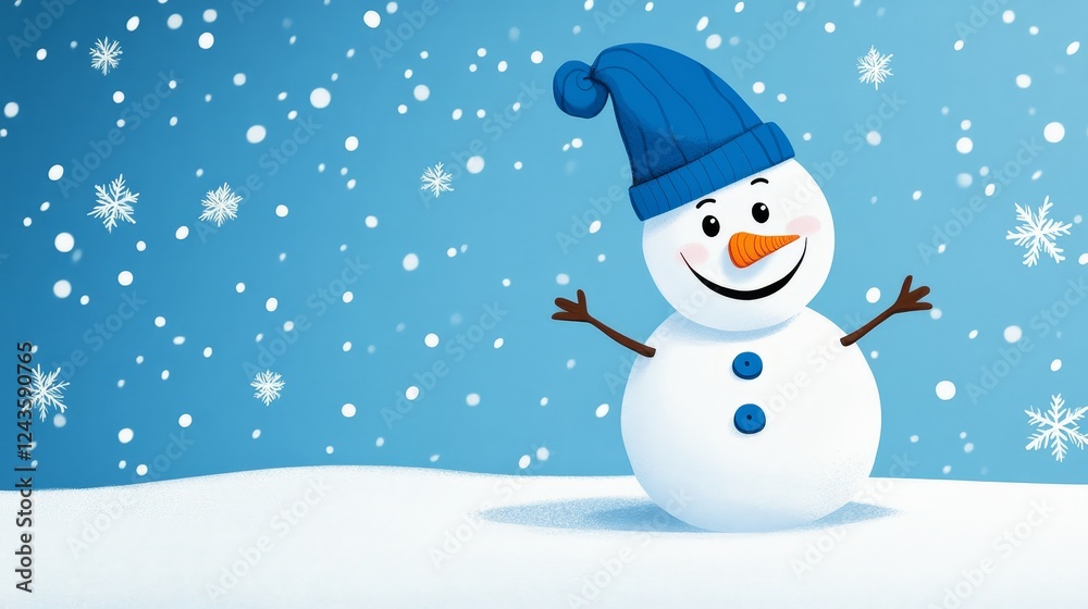 Fototapeta premium Happy Snowman in Winter Wonderland - Cheerful snowman, winter snow, blue hat, joyful expression, festive season. Symbolizing winter joy, holiday spirit, childhood fun, seasonal celebration, happiness.