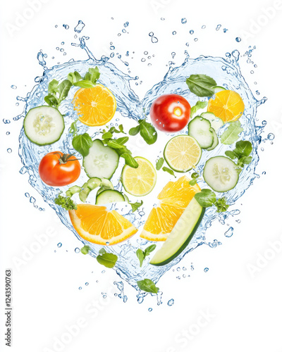 Fresh vegetables and fruits create heart shape in water splash