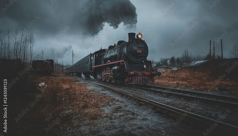 Obraz premium Steam Locomotive Train Journeying Through a Dark Landscape