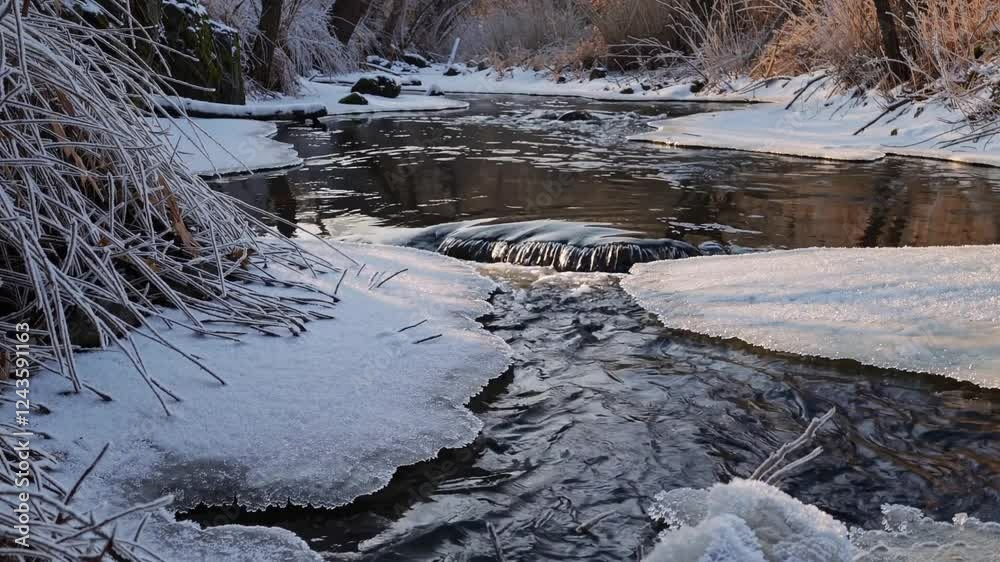Sunlight warming partially frozen river, creating cascading waterfall from melting snow and ice during early spring transition Sunlight warming partially frozen river, creating cascading waterfall from melting snow and ice during early spring transition
