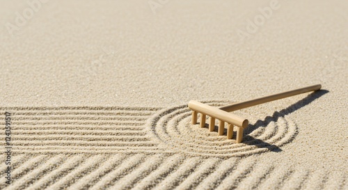 Zen garden, raked sand, meditation, peace, tranquility.  Japanese garden, bamboo rake. photo