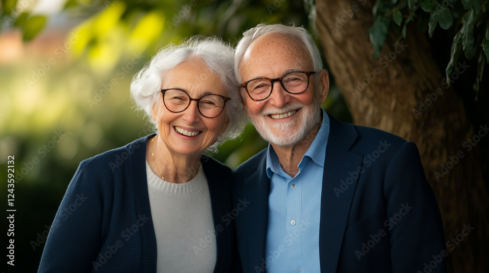 Fototapeta premium joyful elderly couple smiling together in natural setting, showcasing love and companionship.