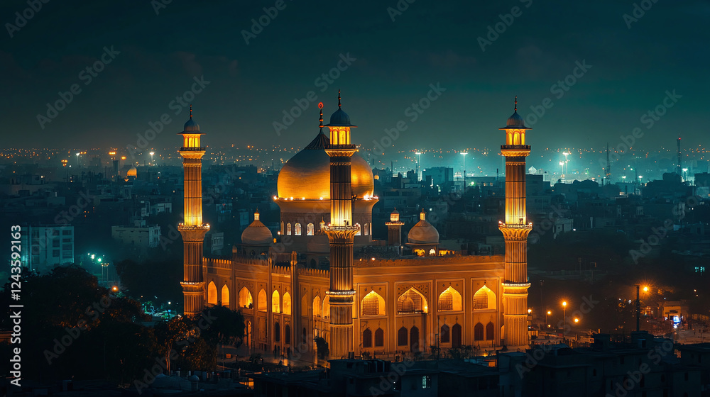 Naklejka premium A scenic view of a mosque illuminated at night, celebrating the spirit of Eid