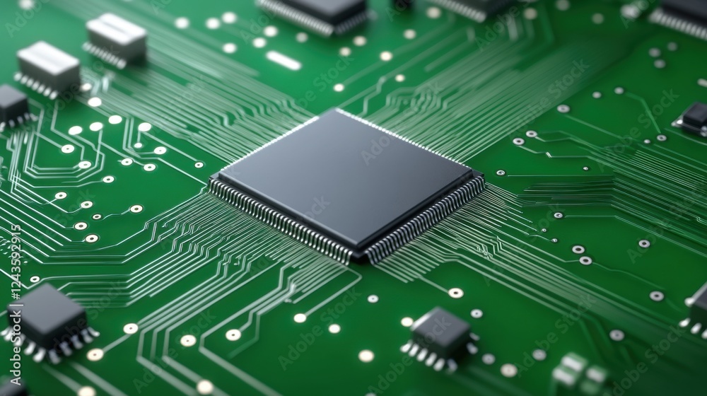 Obraz premium Close-up View of a Microprocessor on a Circuit Board with Detailed Connections and Green Background