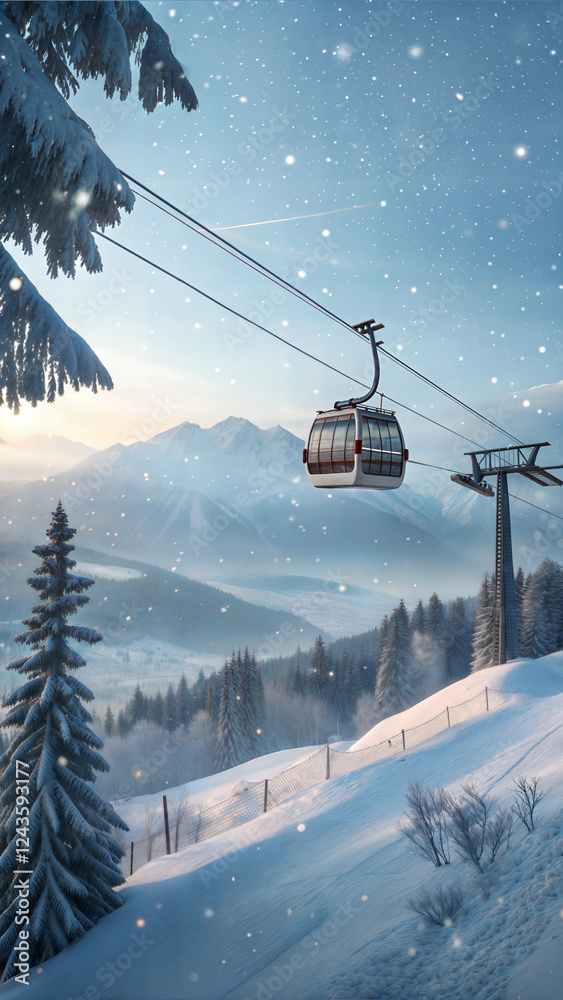 Obraz premium Ski lift in a snowy mountain landscape, serene winter travel and adventure concept
