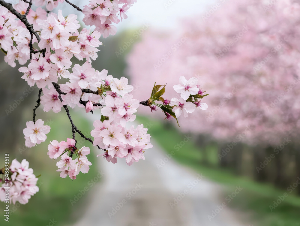 Obraz premium Cherry blossoms line narrow village road, creating serene scene