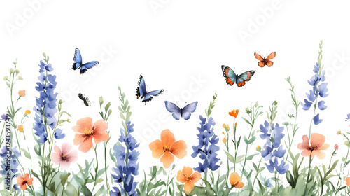 watercolor painting of delicate blue and orange flowers with vibrant butterflies flitting around them. The flowers and butterflies are rendered in a gentle, romantic style.