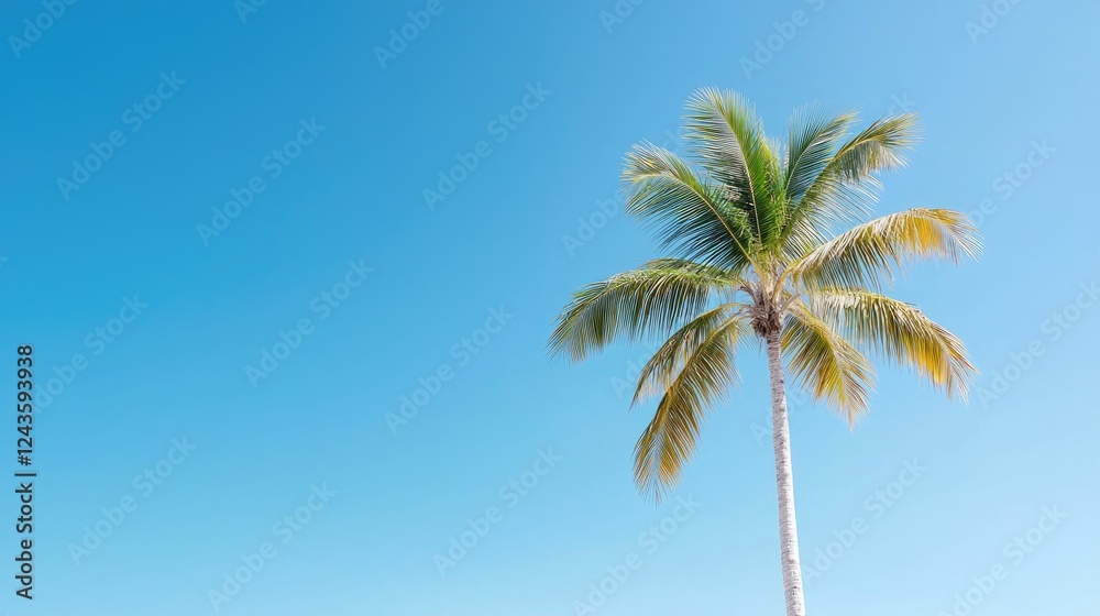 Fototapeta premium Tropical palm tree against clear blue sky; vacation postcard
