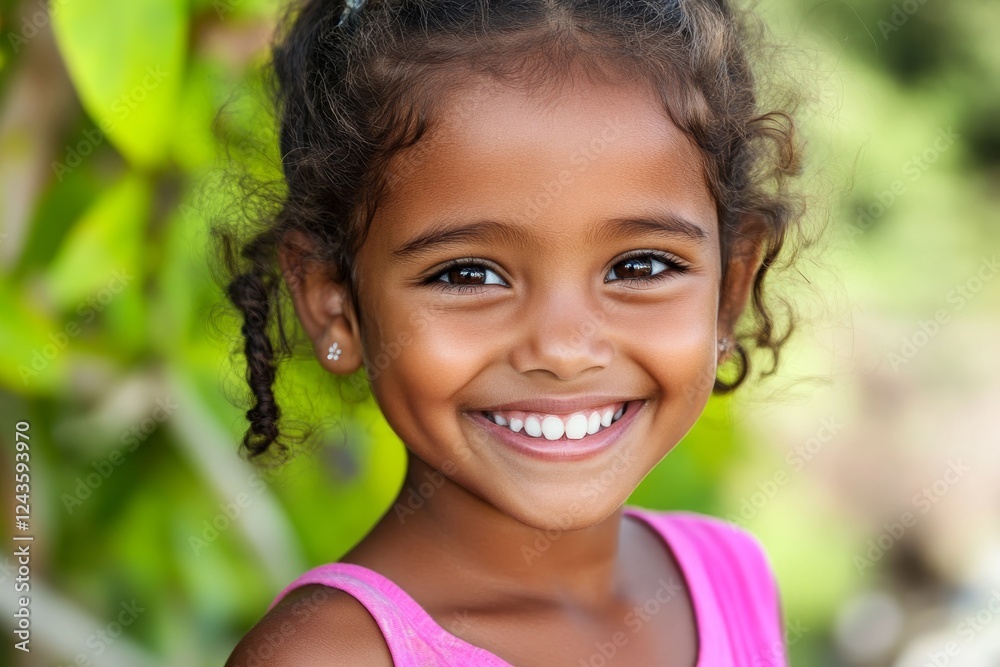 A cheerful child with sparkling eyes beams with happiness, beautifully illuminated by soft natural light against a softly blurred backdrop A cheerful child with sparkling eyes beams with happiness, beautifully illuminated by soft natural light against a softly blurred backdrop
