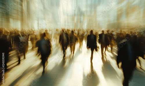 Long exposure shot of crowd of business people walking in bright office lobby fast moving with blurry