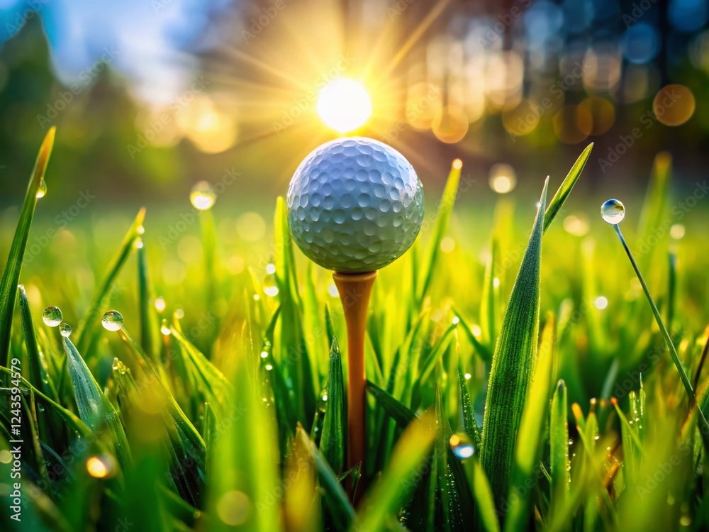 Fototapeta premium Perfectly Positioned Golf Tee on Grass: Macro Aerial Photography