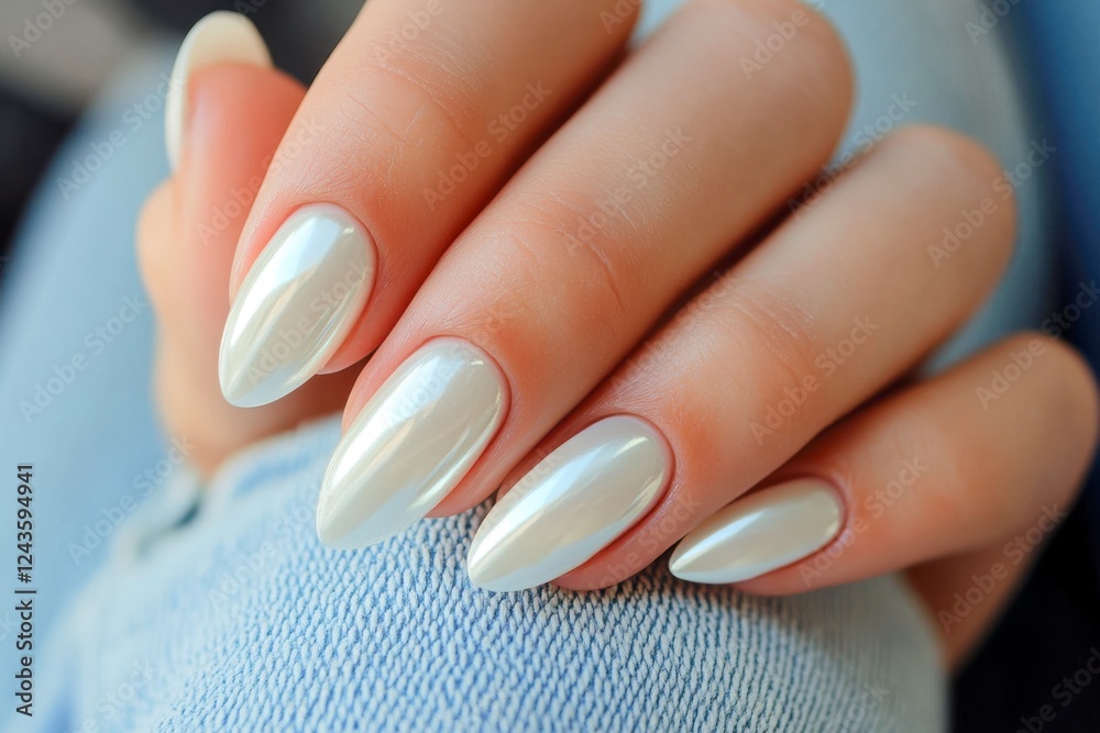 elegant pearl white manicure on almond-shaped nails with glossy finish against denim background, nail art and fashion photography