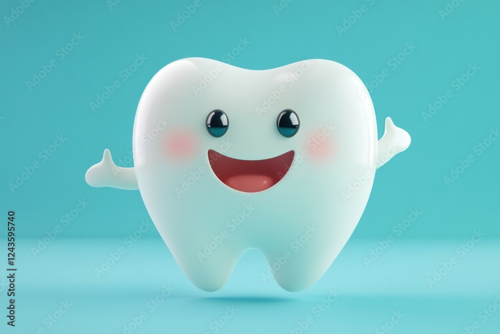 Obraz premium Happy Cartoon Tooth Character with Cute Smile and Friendly Expression on a Light Blue Background
