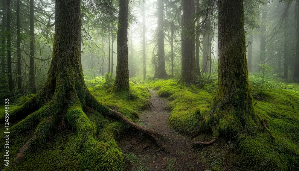 Fototapeta premium Mossy Forest Path Through Tall Trees