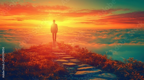 A person standing at the top of a staircase, looking toward the future, symbolizing the success achieved by going up, conquering challenges, and reaching oneâ€™s goals.