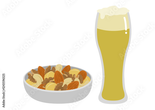グラスに入ったビールと器に盛ったナッツのイラストのイメージ
