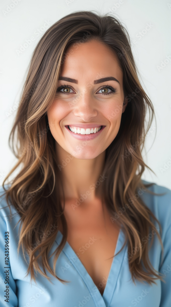 Smiling Woman with Long Straight Hair in a Light Blue Blouse, Expressing Warmth and Confidence A Smiling Woman with Long Straight Hair in a Light Blue Blouse, Expressing Warmth and Confidence A