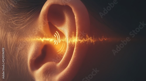 Sound waves entering human ear canal, creating a visualization of the hearing process, useful for audiology and hearing health awareness campaigns