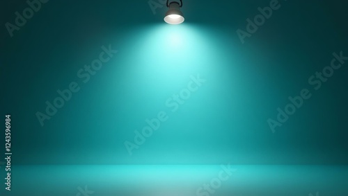 Color turquoise backdrop with an aesthetically positioned spotlight lamp at the top, casting soft, evenly distributed light across the scene